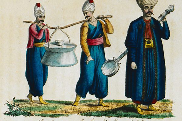 Janissaries carrying their kazan, along with a regimental ladle.