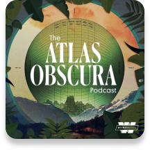Atlas Obscura podcast logo depicting a green globe, distant mountains and tropical leaves around the edge.